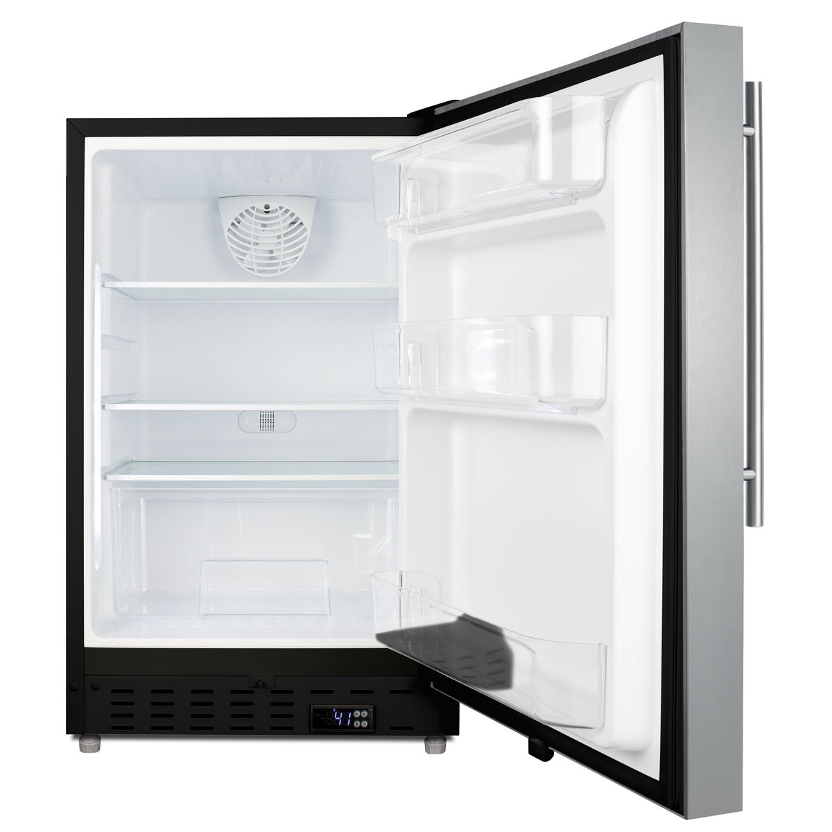 Built-in undercounter ADA compliant residential all-refrigerator with stainless steel door, black cabinet, and thin vertical handle, with door storage and automatic defrost operation